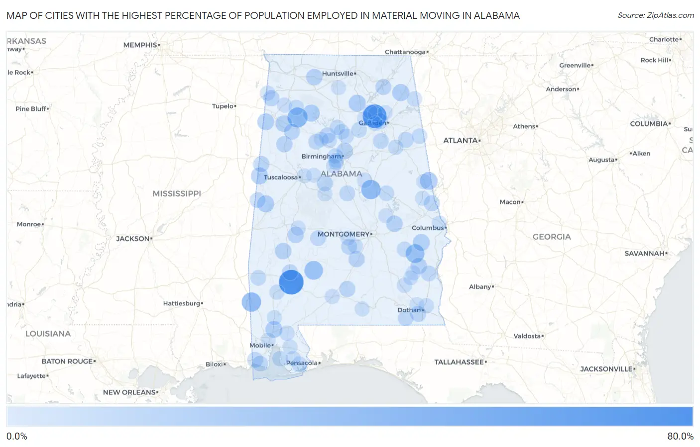 Cities with the Highest Percentage of Population Employed in Material Moving in Alabama Map