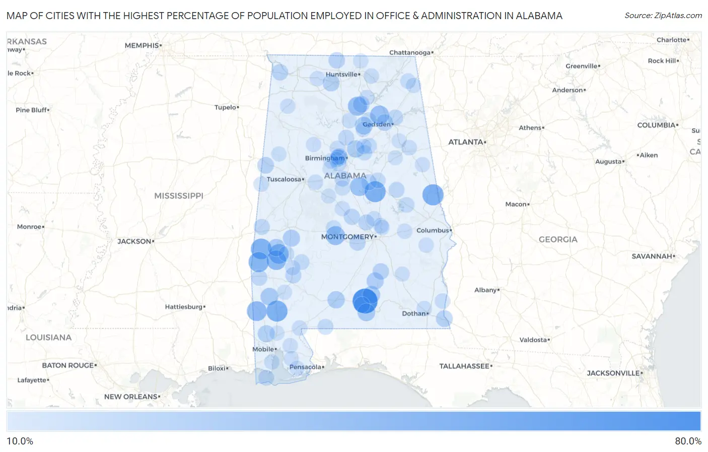 Cities with the Highest Percentage of Population Employed in Office & Administration in Alabama Map