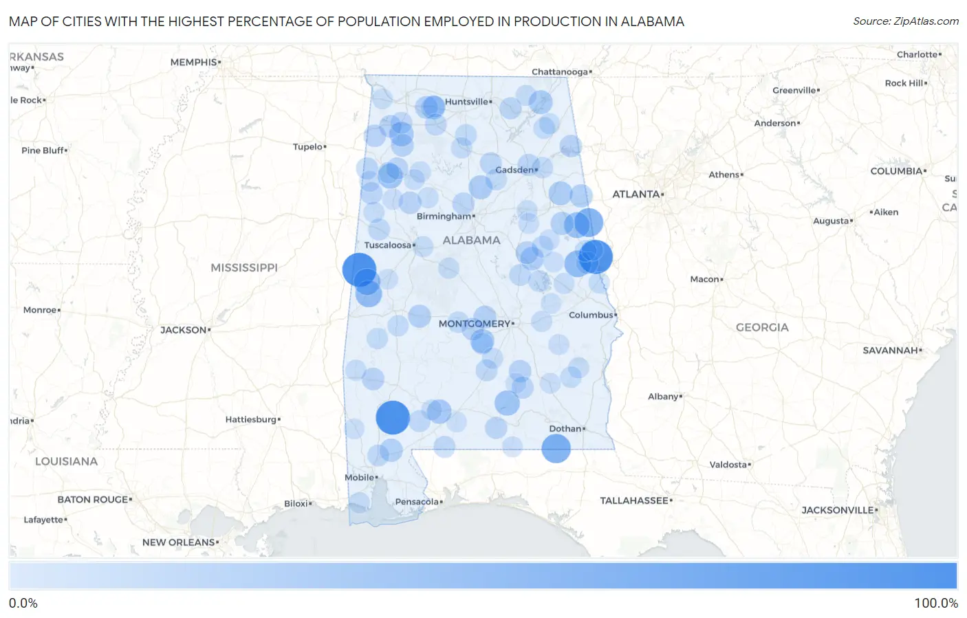 Cities with the Highest Percentage of Population Employed in Production in Alabama Map