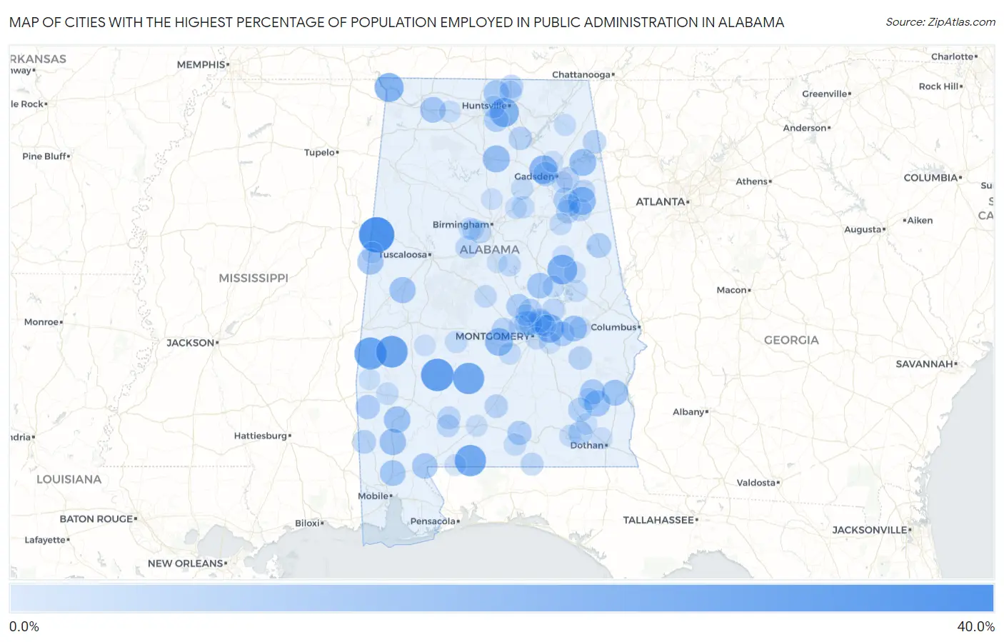 Cities with the Highest Percentage of Population Employed in Public Administration in Alabama Map