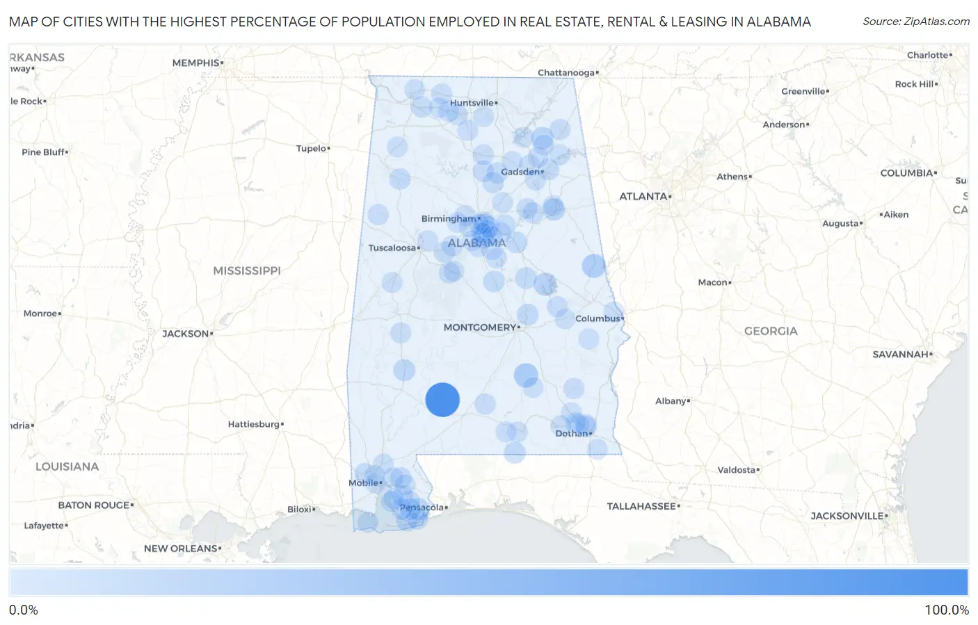 Cities with the Highest Percentage of Population Employed in Real Estate, Rental & Leasing in Alabama Map
