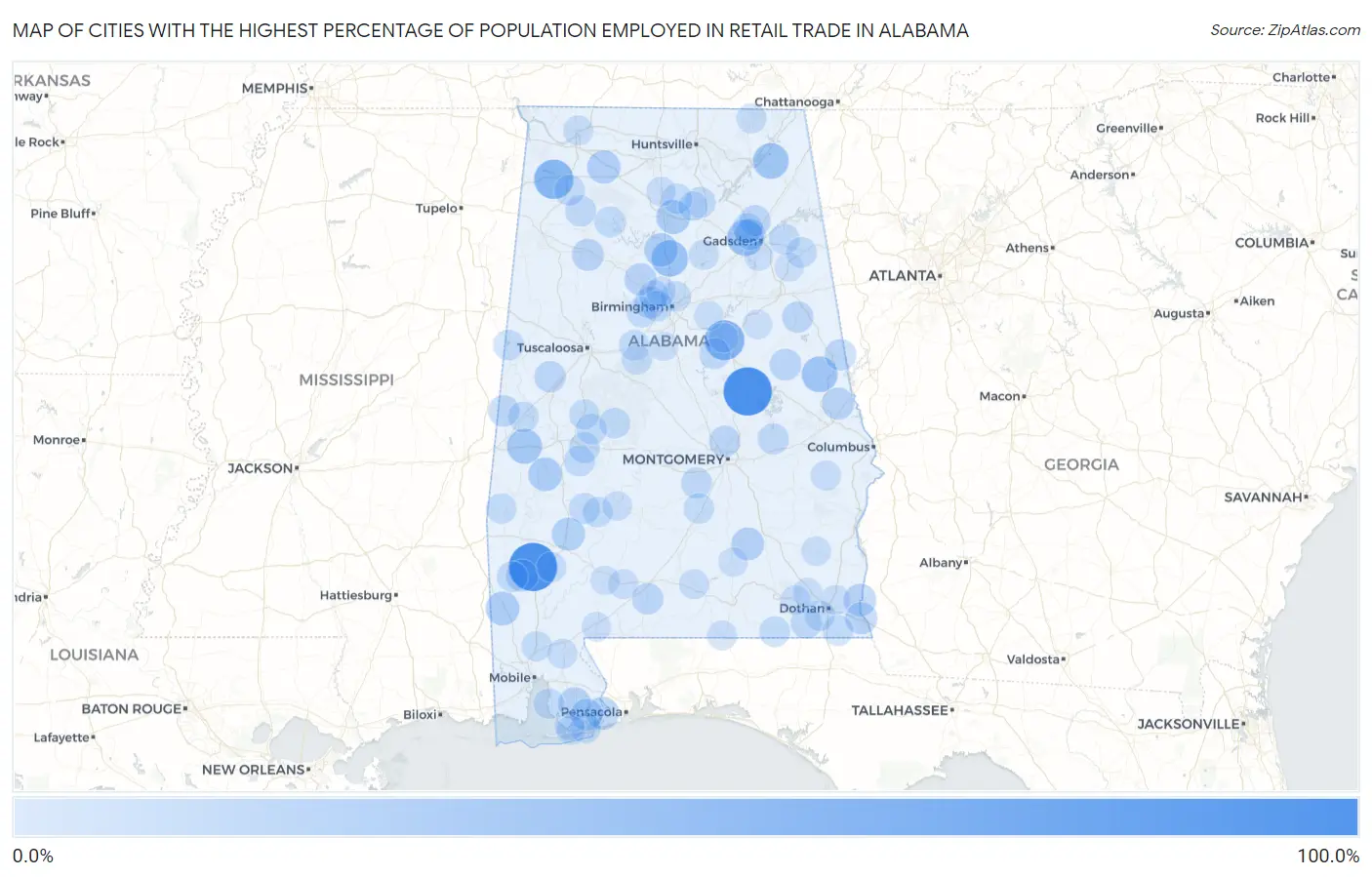 Cities with the Highest Percentage of Population Employed in Retail Trade in Alabama Map