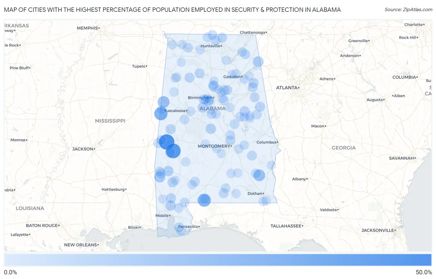 Cities with the Highest Percentage of Population Employed in Security & Protection in Alabama Map