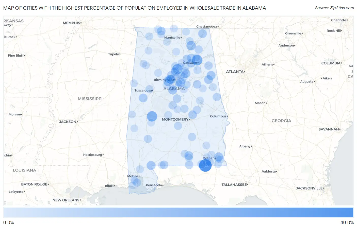 Cities with the Highest Percentage of Population Employed in Wholesale Trade in Alabama Map