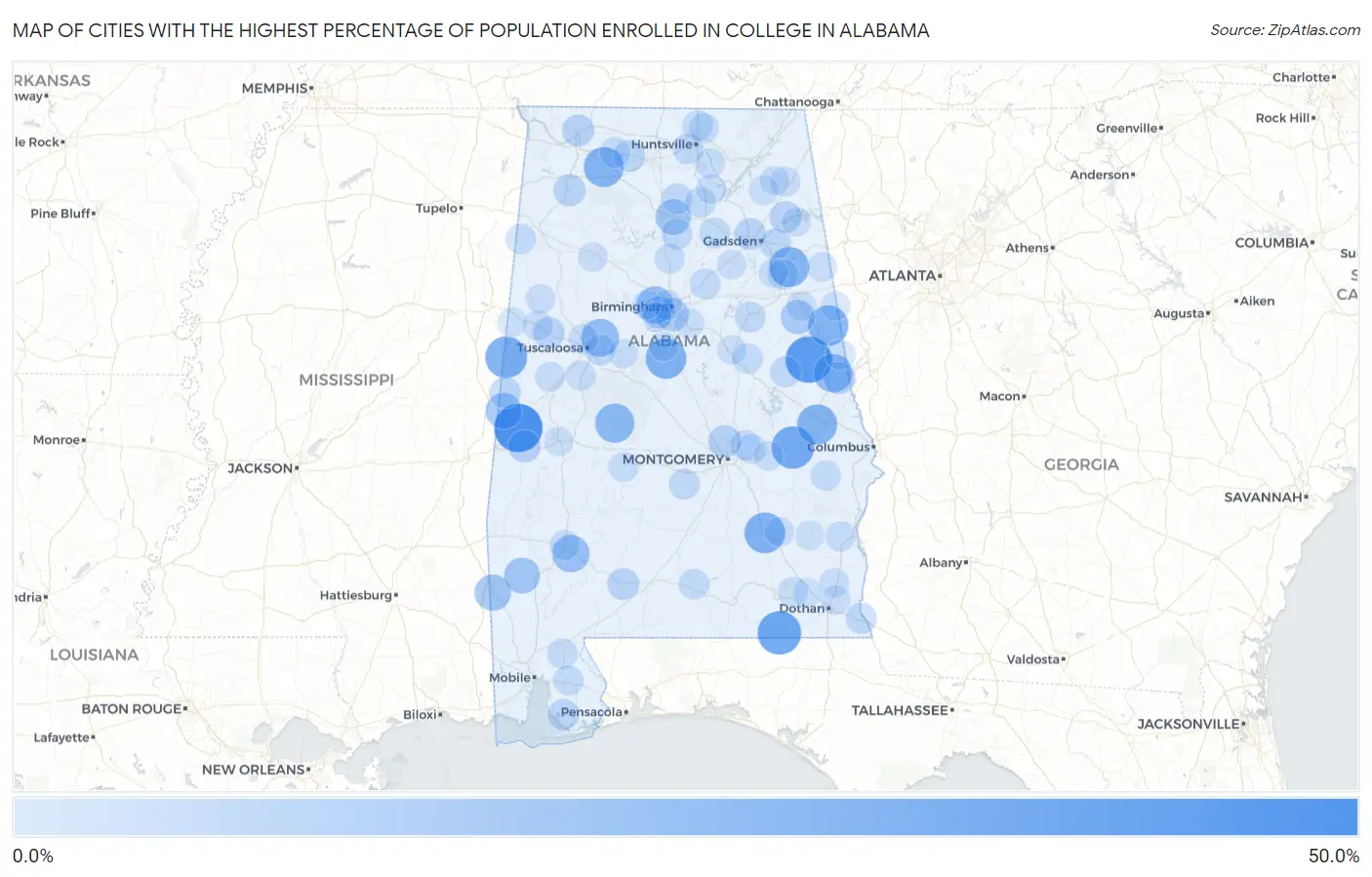 Cities with the Highest Percentage of Population Enrolled in College in Alabama Map