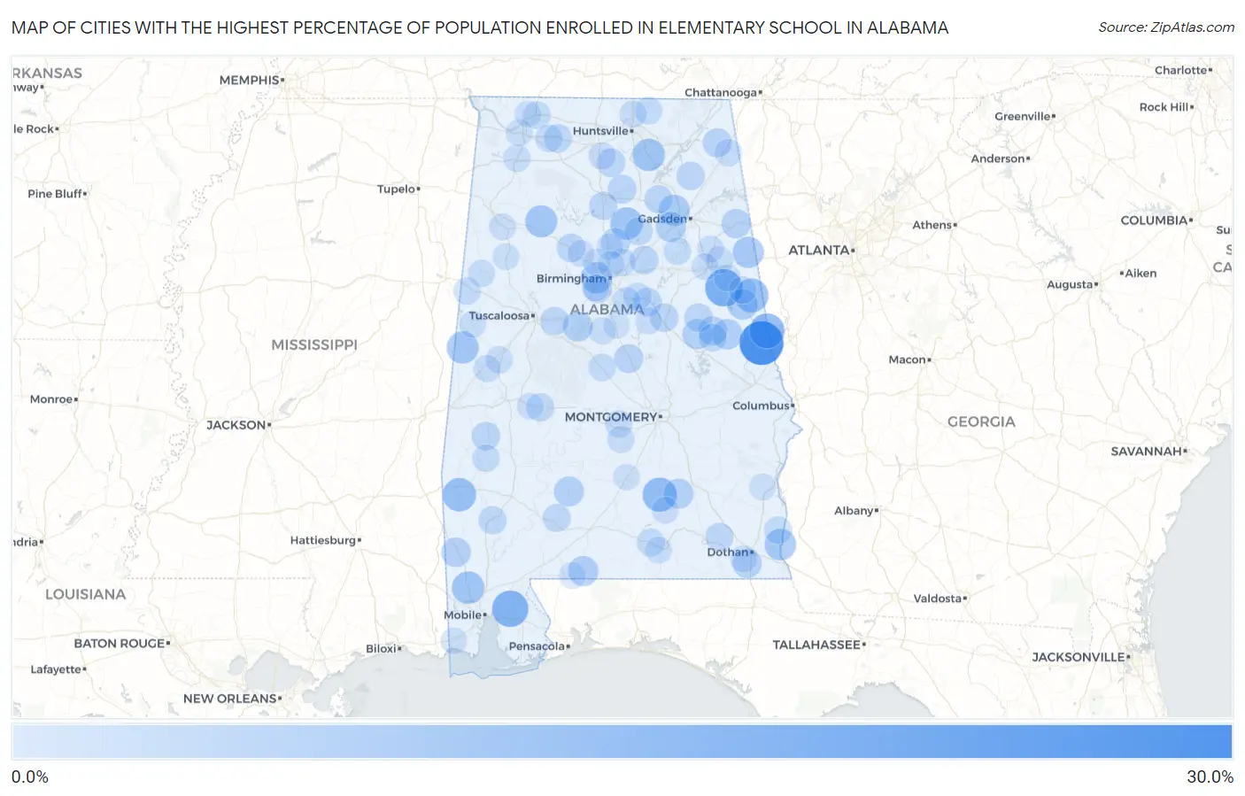 Cities with the Highest Percentage of Population Enrolled in Elementary School in Alabama Map