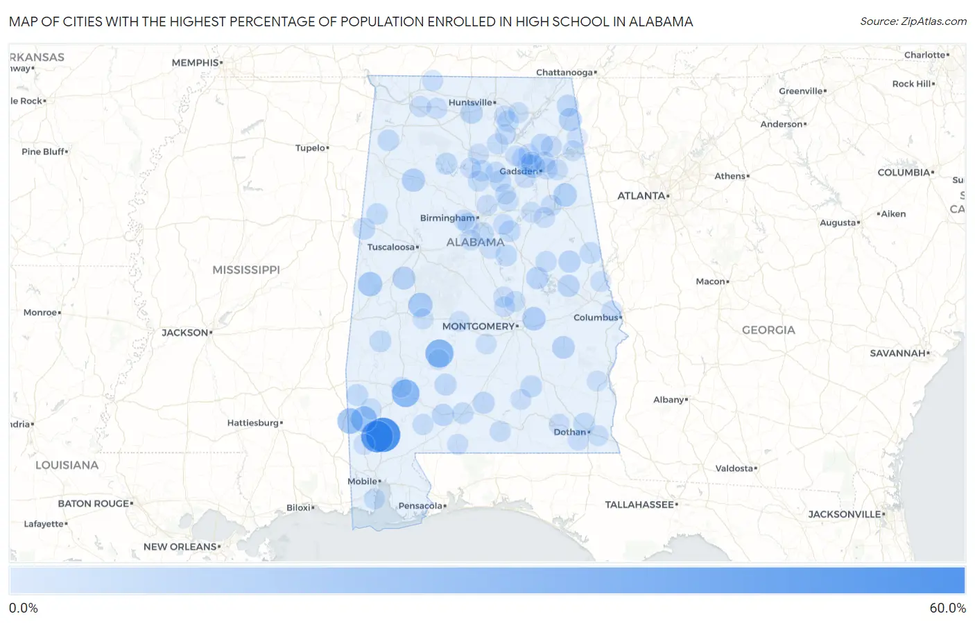 Cities with the Highest Percentage of Population Enrolled in High School in Alabama Map