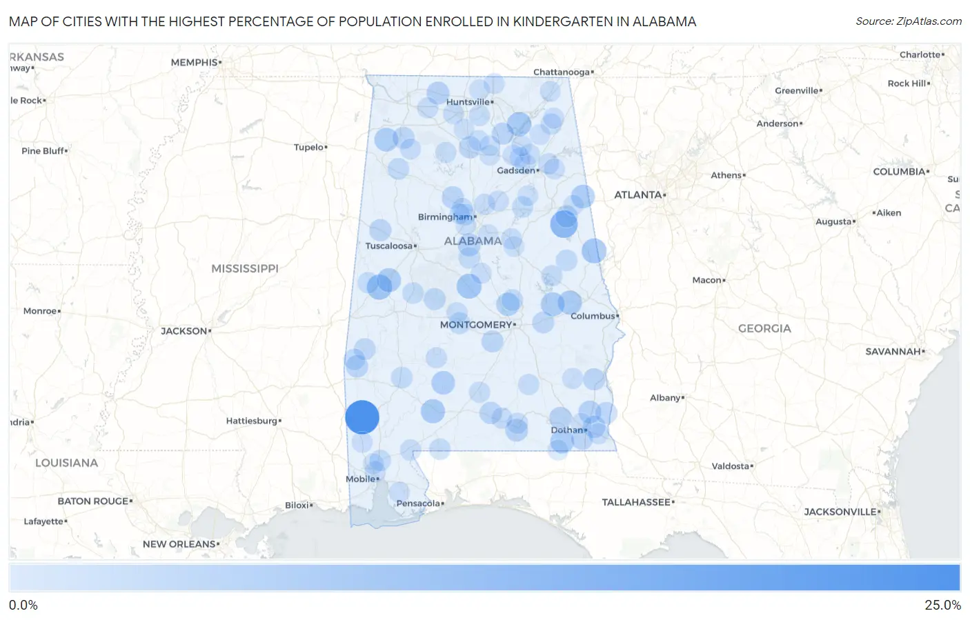 Cities with the Highest Percentage of Population Enrolled in Kindergarten in Alabama Map