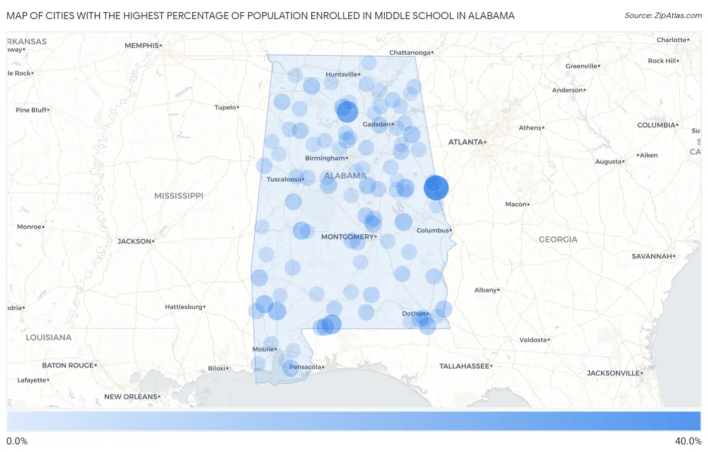 Cities with the Highest Percentage of Population Enrolled in Middle School in Alabama Map