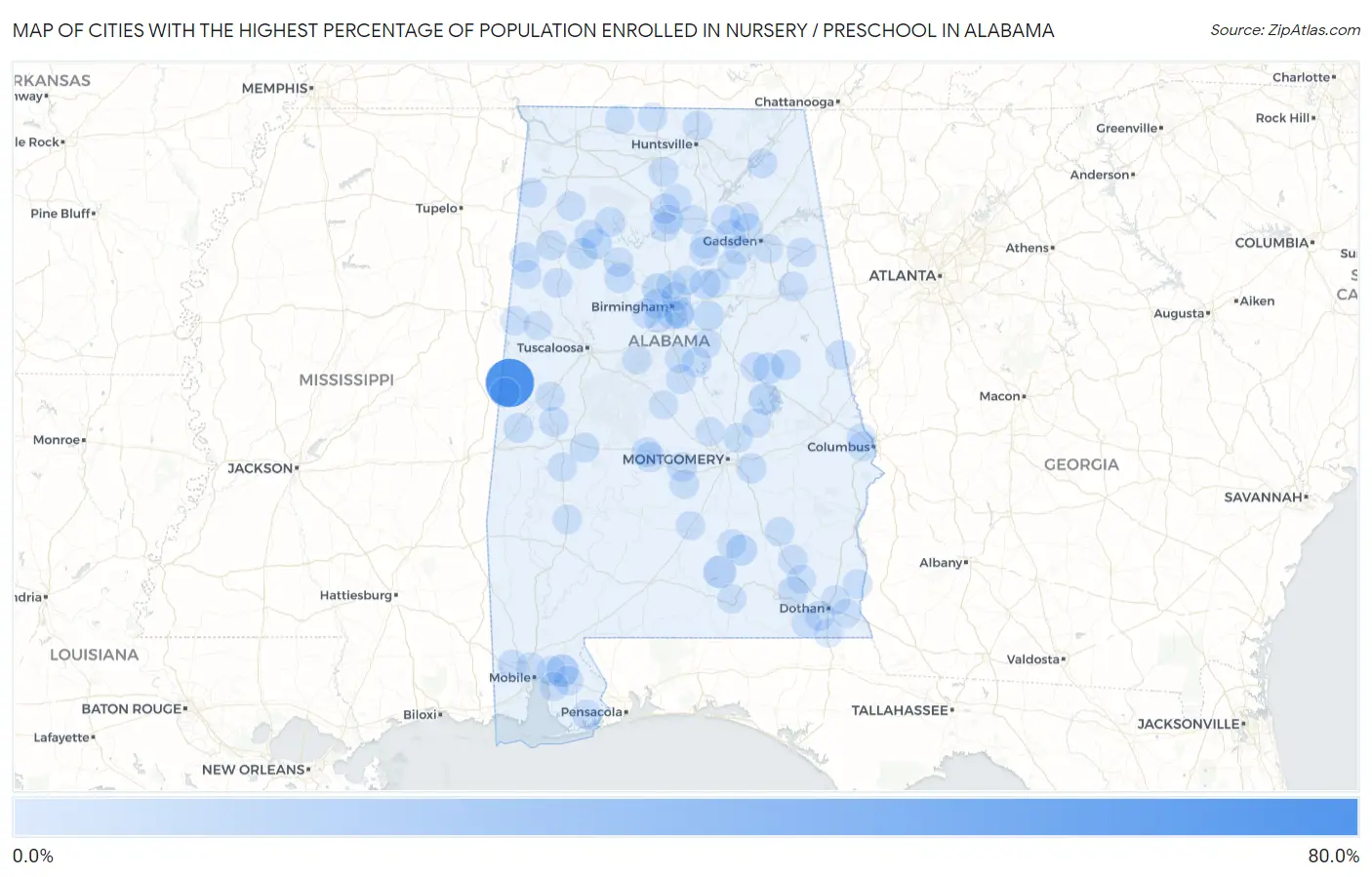 Cities with the Highest Percentage of Population Enrolled in Nursery / Preschool in Alabama Map