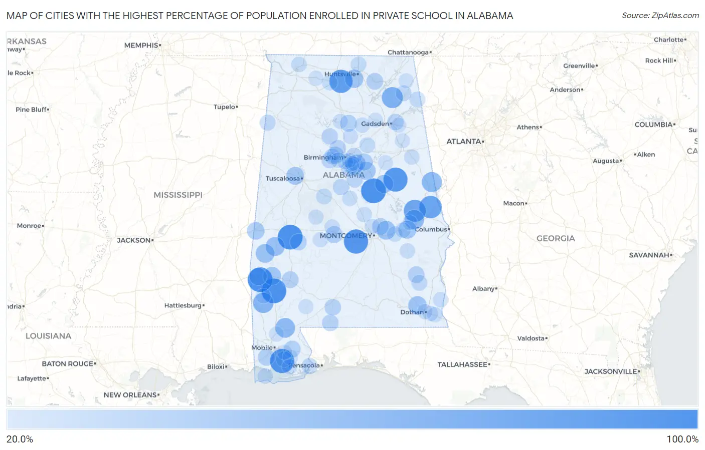 Cities with the Highest Percentage of Population Enrolled in Private School in Alabama Map