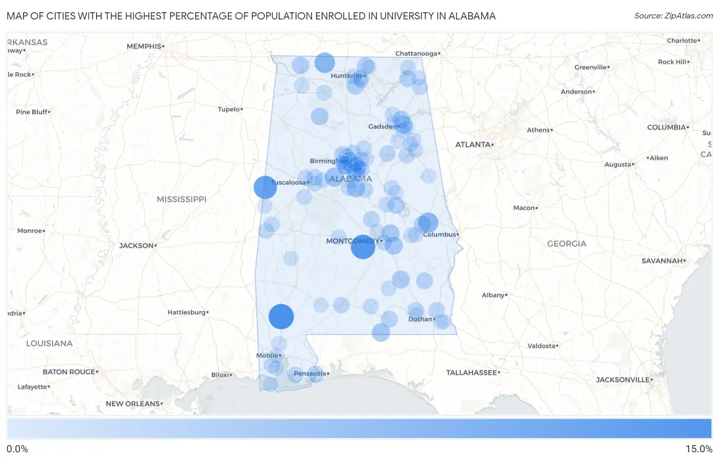 Cities with the Highest Percentage of Population Enrolled in University in Alabama Map