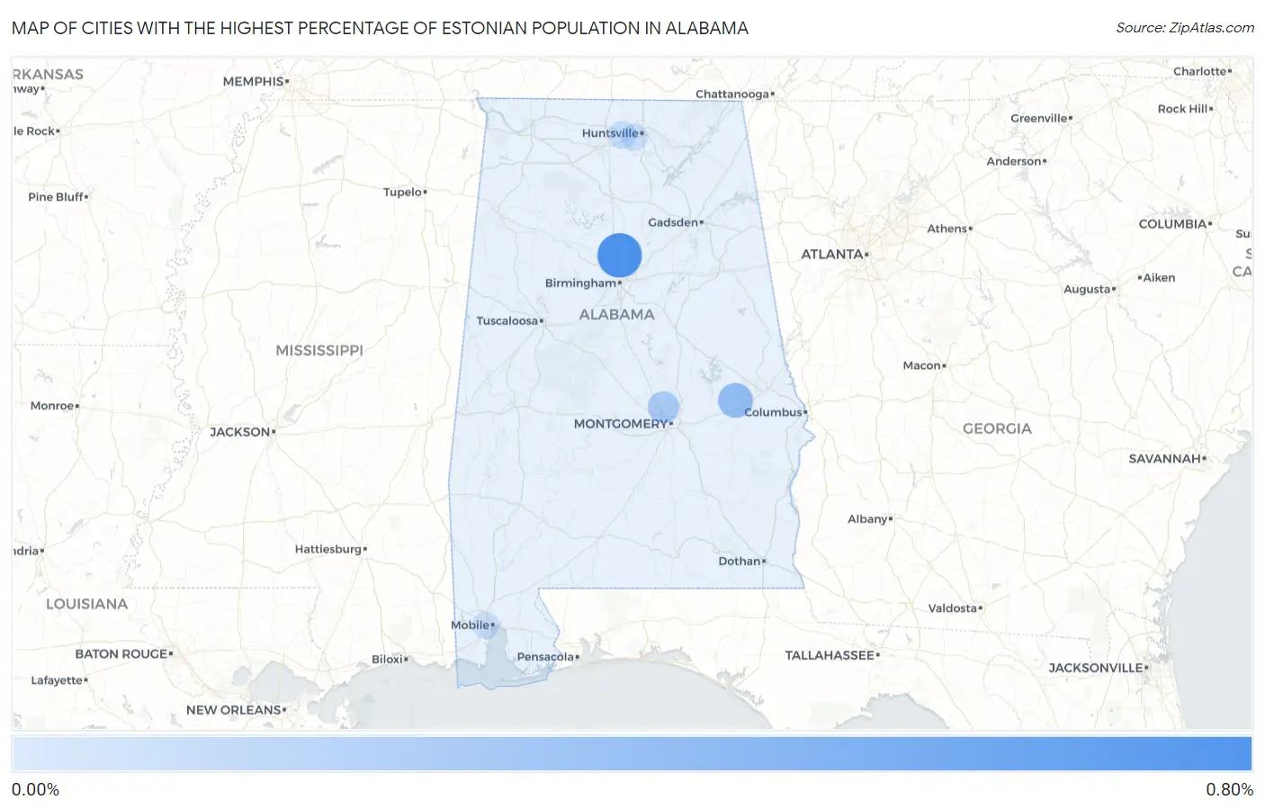 Cities with the Highest Percentage of Estonian Population in Alabama Map