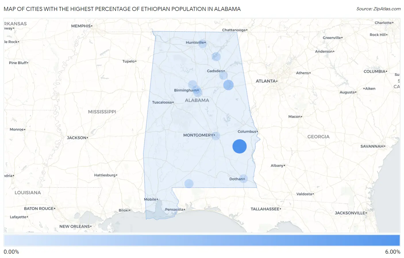 Cities with the Highest Percentage of Ethiopian Population in Alabama Map