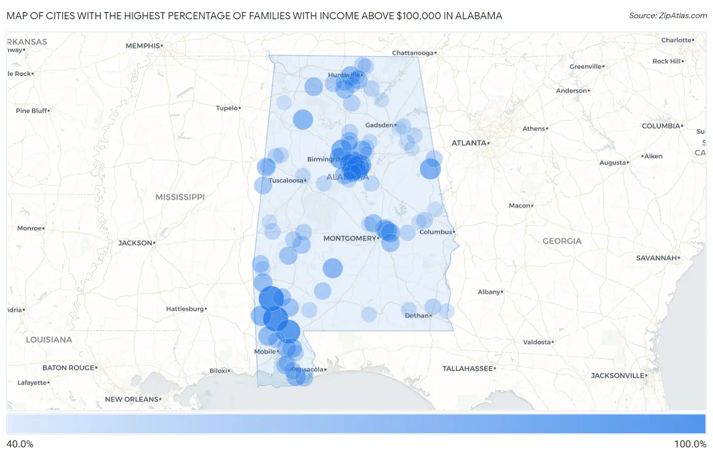 Cities with the Highest Percentage of Families with Income Above $100,000 in Alabama Map