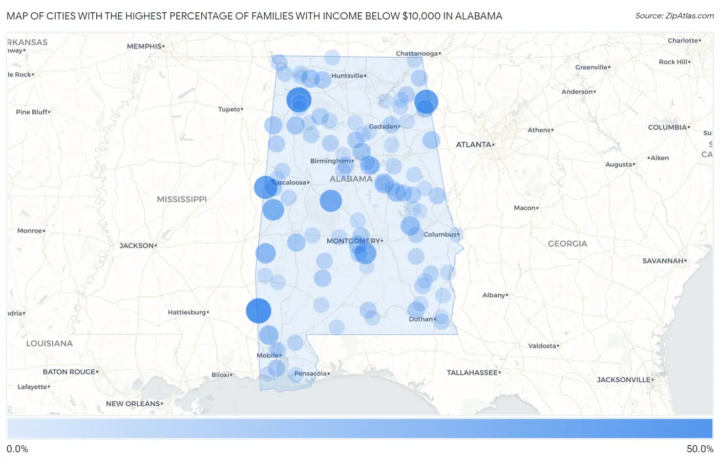 Cities with the Highest Percentage of Families with Income Below $10,000 in Alabama Map