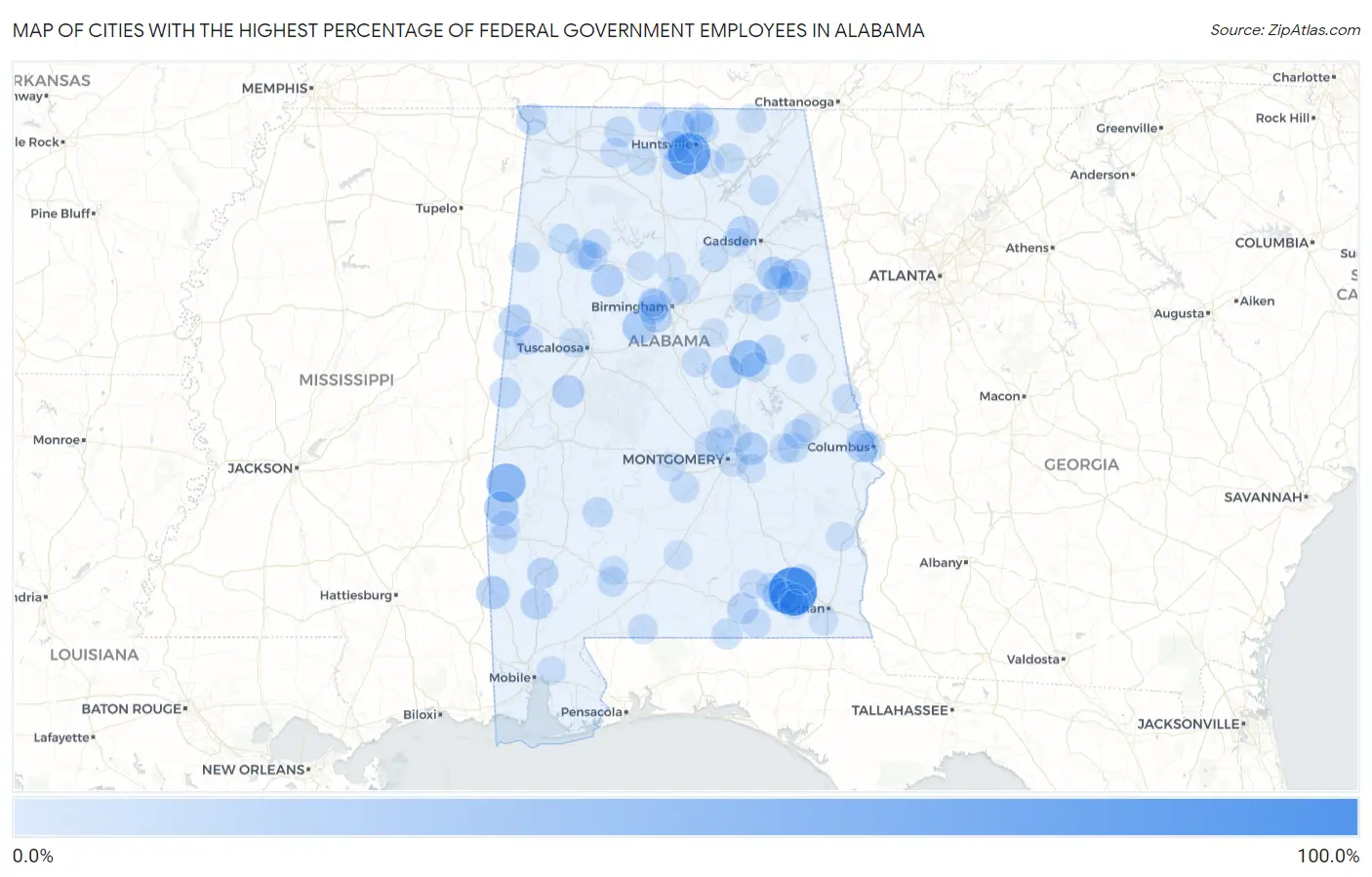 Cities with the Highest Percentage of Federal Government Employees in Alabama Map