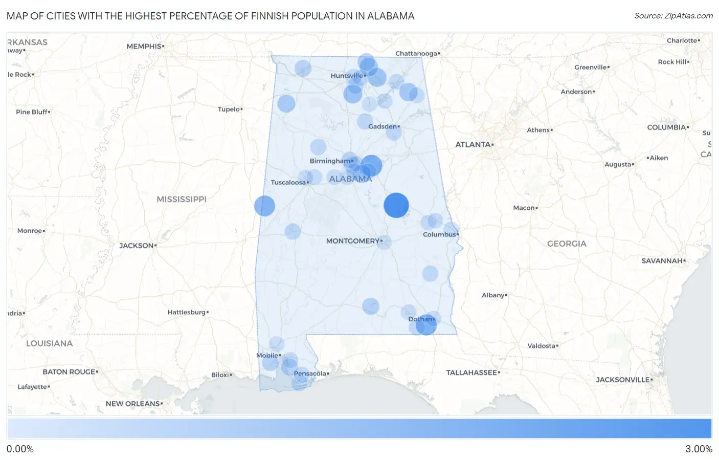 Cities with the Highest Percentage of Finnish Population in Alabama Map