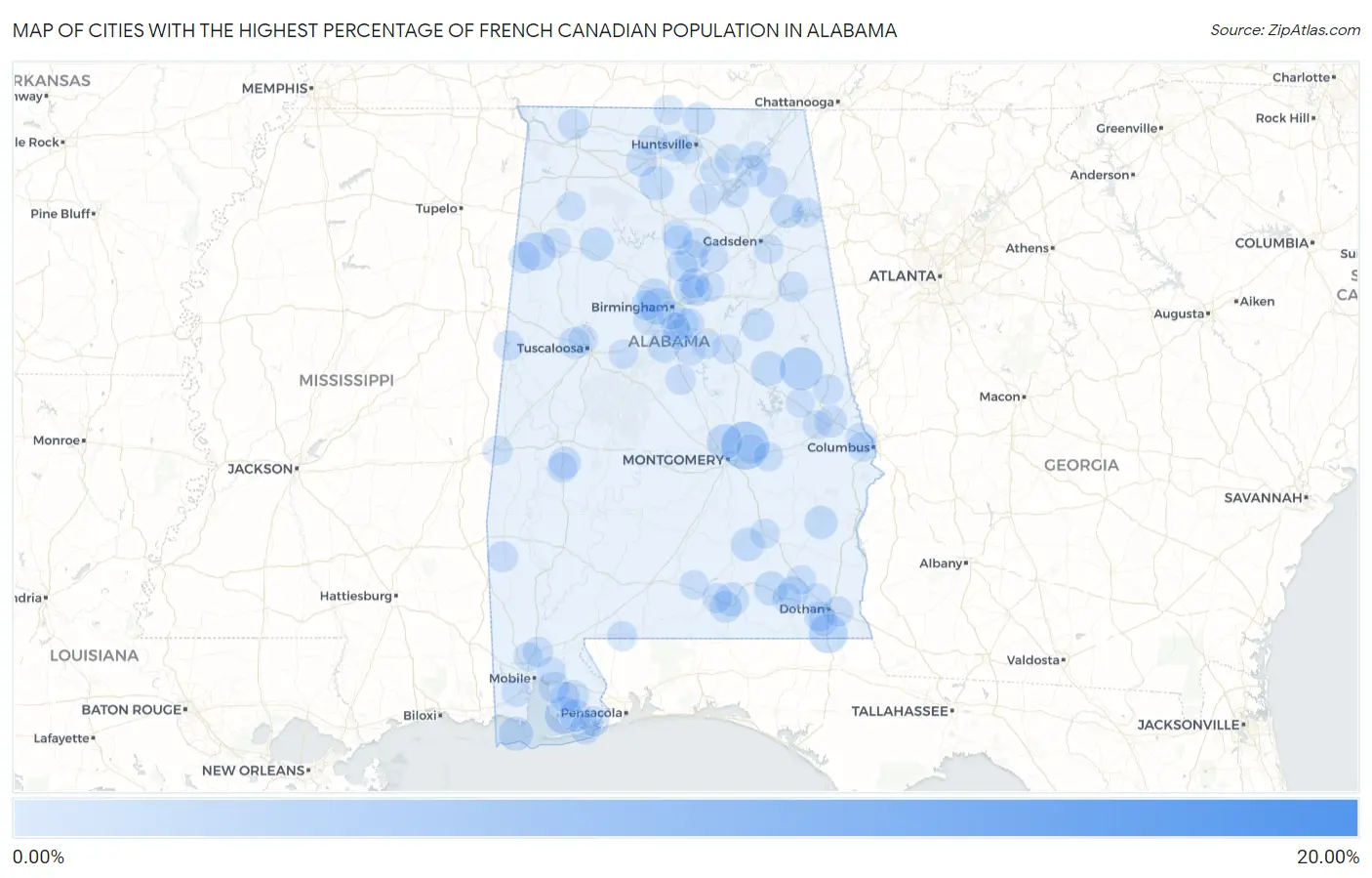 Cities with the Highest Percentage of French Canadian Population in Alabama Map