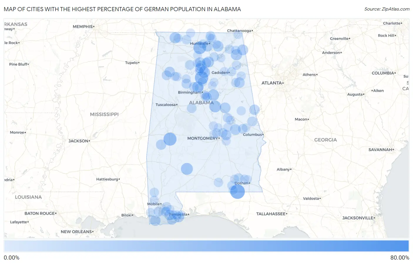 Cities with the Highest Percentage of German Population in Alabama Map
