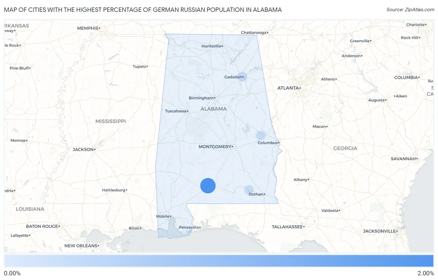 Cities with the Highest Percentage of German Russian Population in Alabama Map