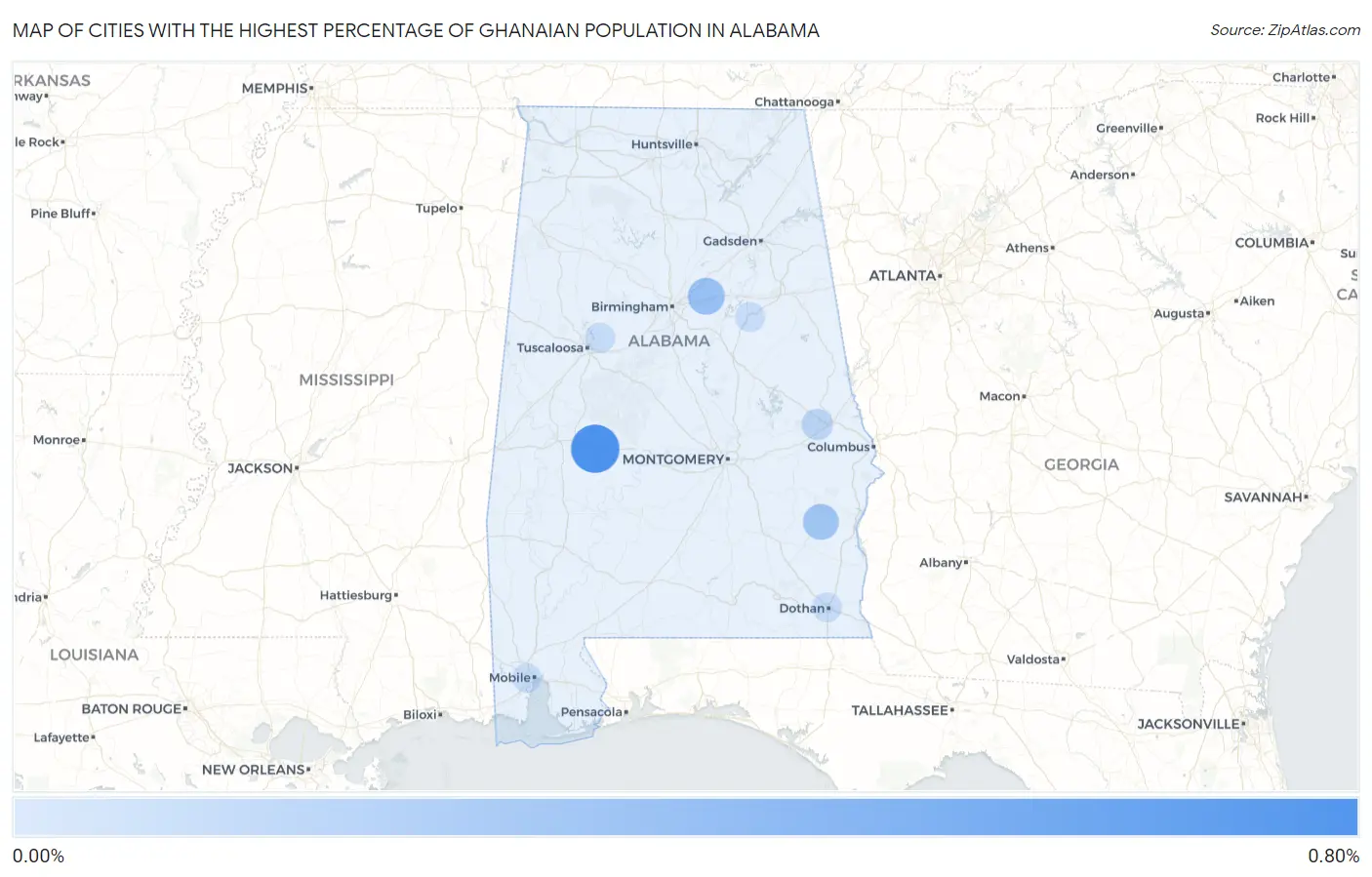 Cities with the Highest Percentage of Ghanaian Population in Alabama Map