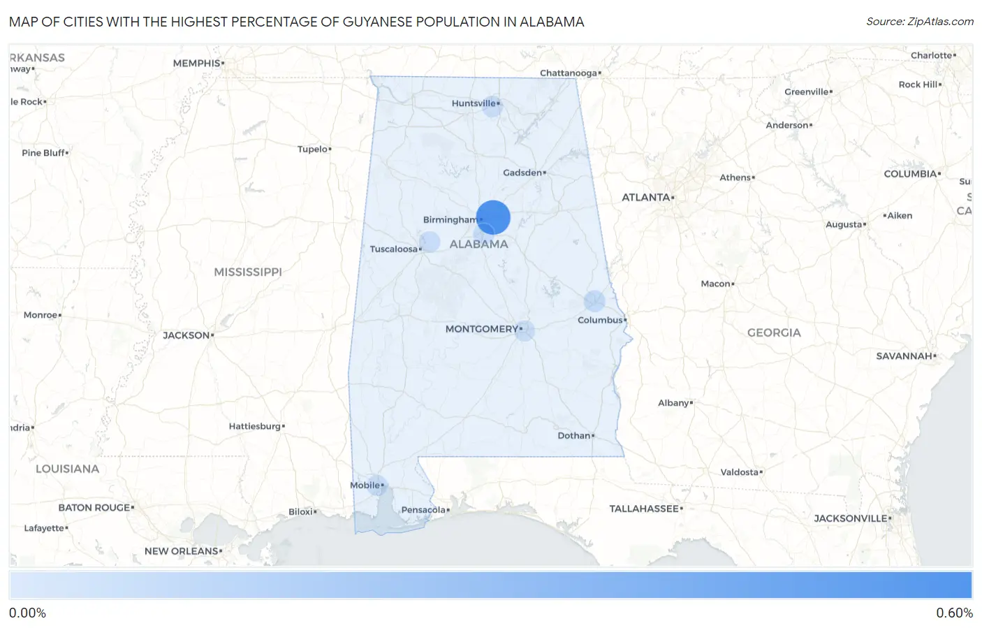 Cities with the Highest Percentage of Guyanese Population in Alabama Map