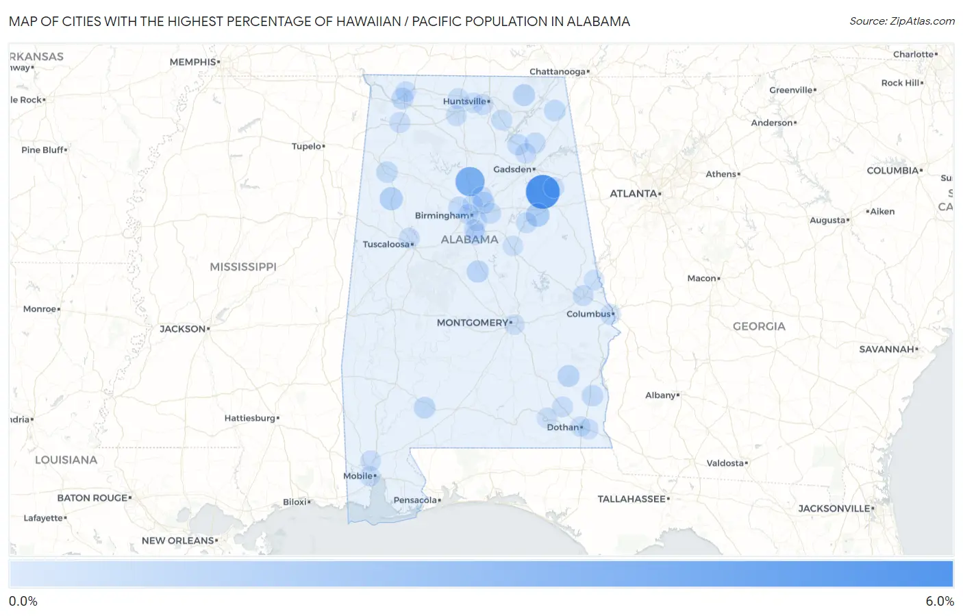 Cities with the Highest Percentage of Hawaiian / Pacific Population in Alabama Map