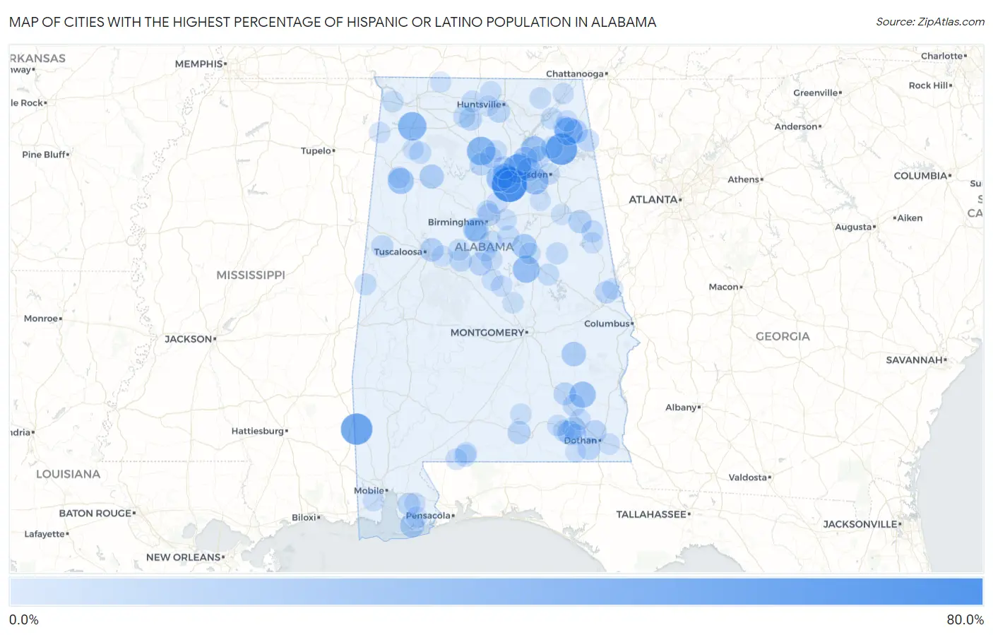 Cities with the Highest Percentage of Hispanic or Latino Population in Alabama Map