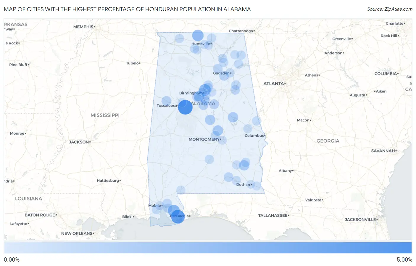Cities with the Highest Percentage of Honduran Population in Alabama Map