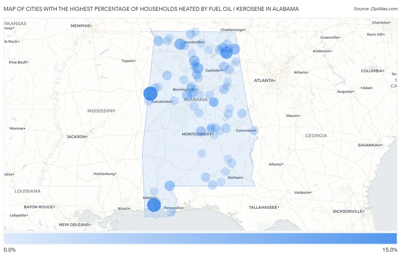 Cities with the Highest Percentage of Households Heated by Fuel Oil / Kerosene in Alabama Map