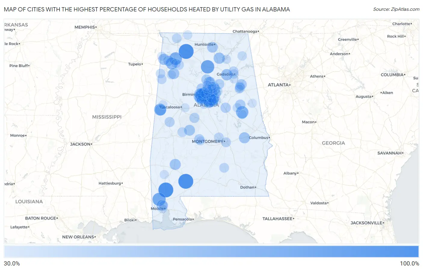 Cities with the Highest Percentage of Households Heated by Utility Gas in Alabama Map