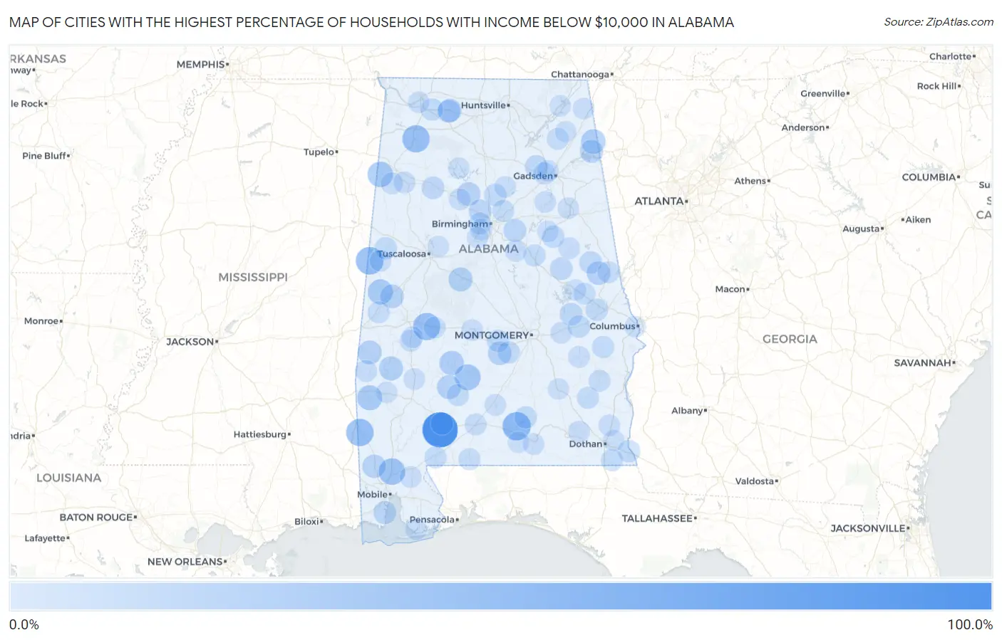 Cities with the Highest Percentage of Households with Income Below $10,000 in Alabama Map