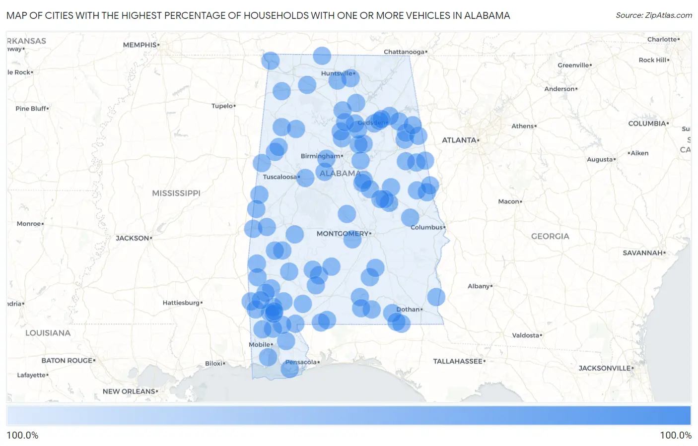 Cities with the Highest Percentage of Households With One or more Vehicles in Alabama Map