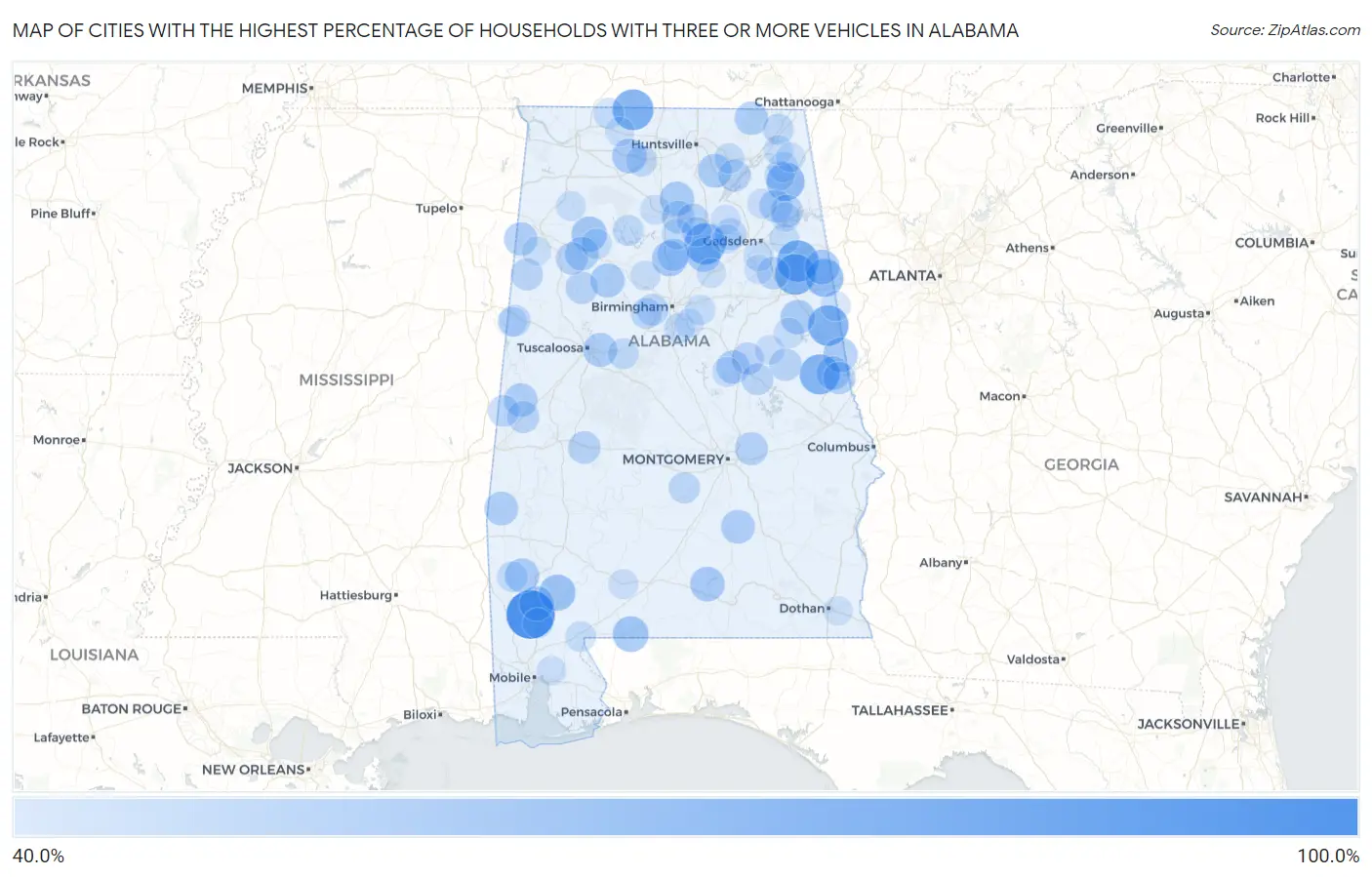 Cities with the Highest Percentage of Households With Three or more Vehicles in Alabama Map