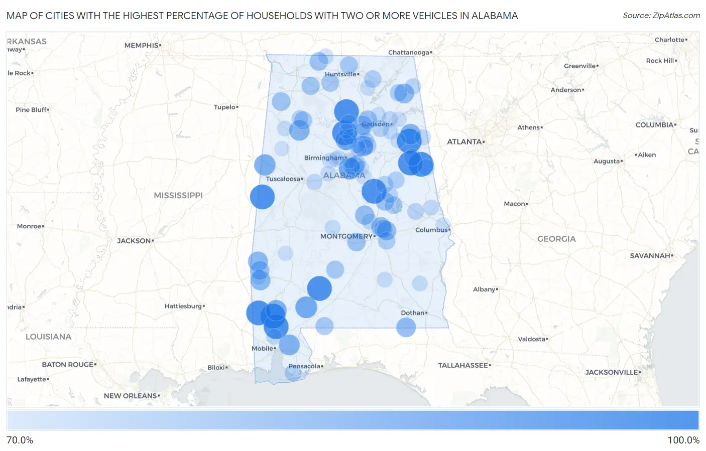 Cities with the Highest Percentage of Households With Two or more Vehicles in Alabama Map