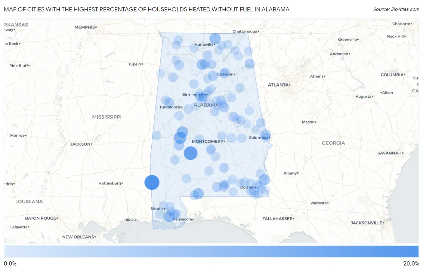 Cities with the Highest Percentage of Households Heated without Fuel in Alabama Map