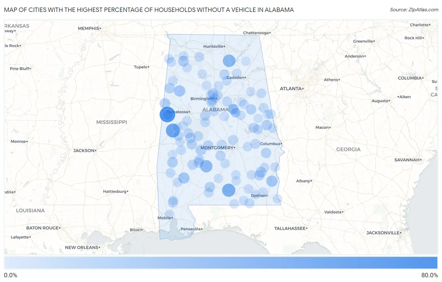 Cities with the Highest Percentage of Households Without a Vehicle in Alabama Map
