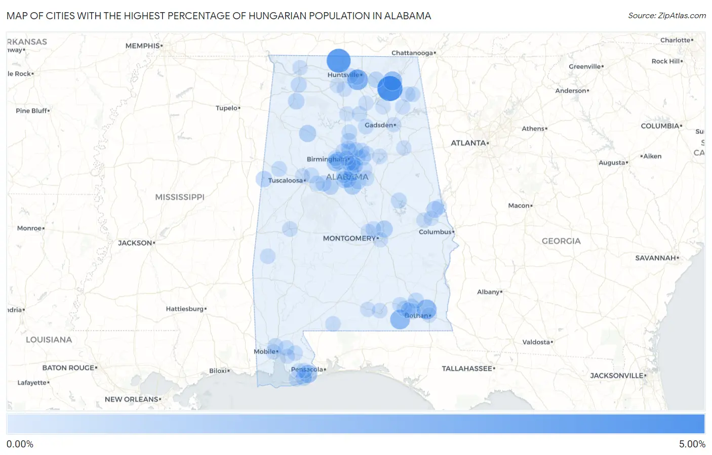 Cities with the Highest Percentage of Hungarian Population in Alabama Map