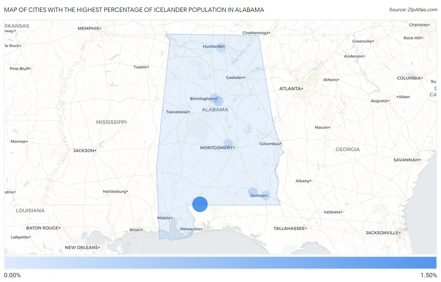 Cities with the Highest Percentage of Icelander Population in Alabama Map
