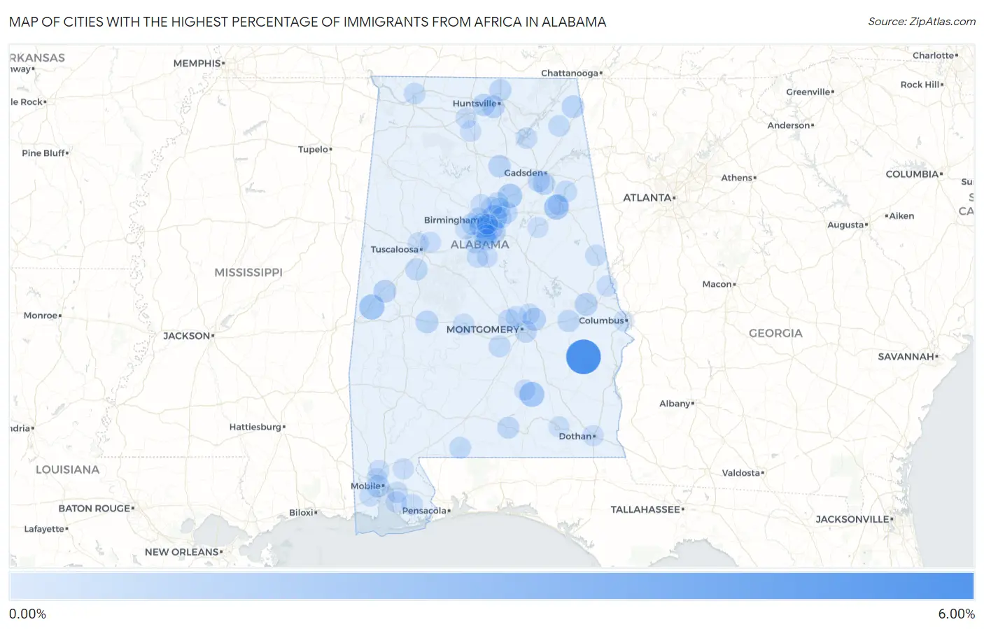 Cities with the Highest Percentage of Immigrants from Africa in Alabama Map