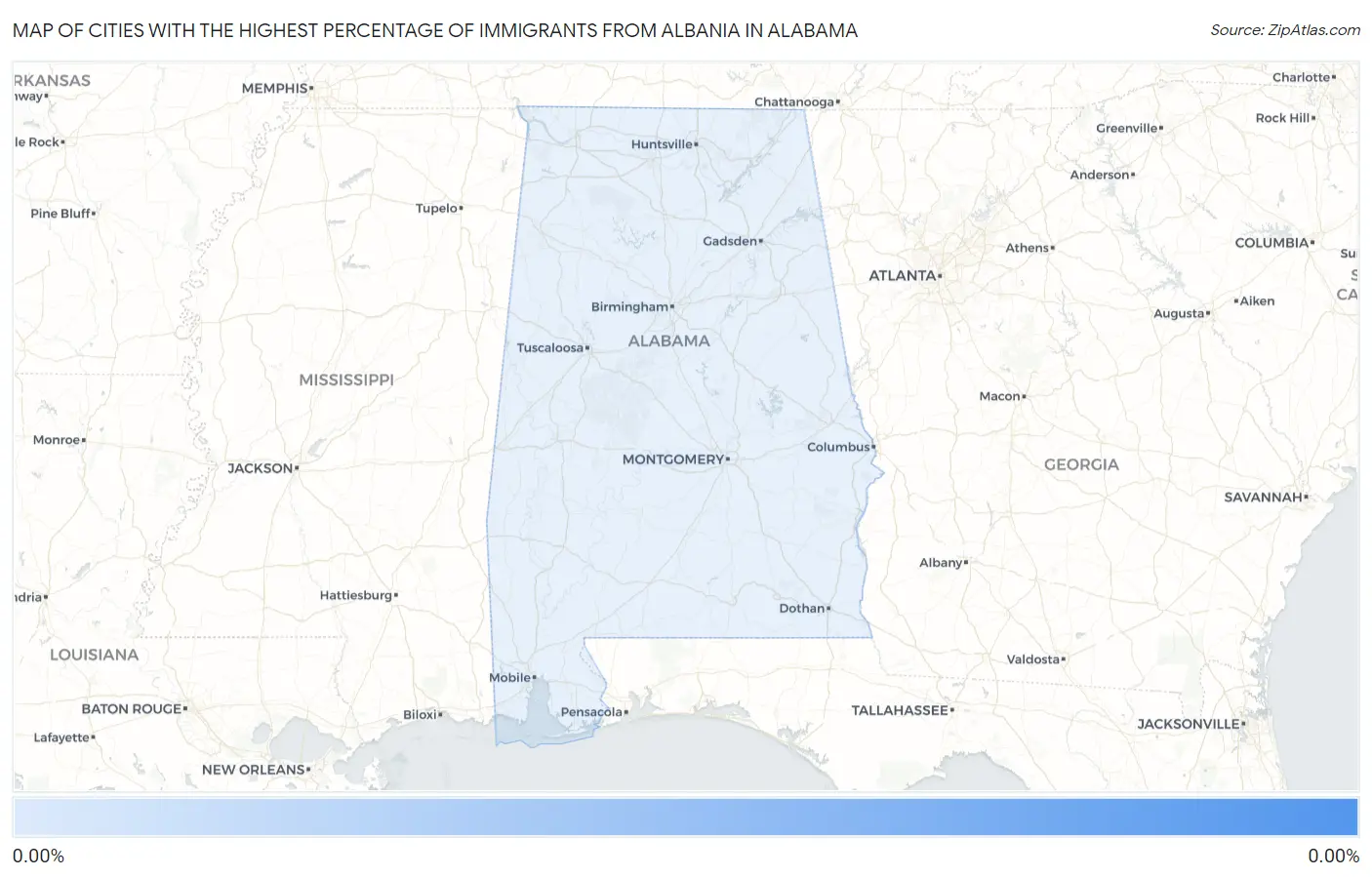 Cities with the Highest Percentage of Immigrants from Albania in Alabama Map