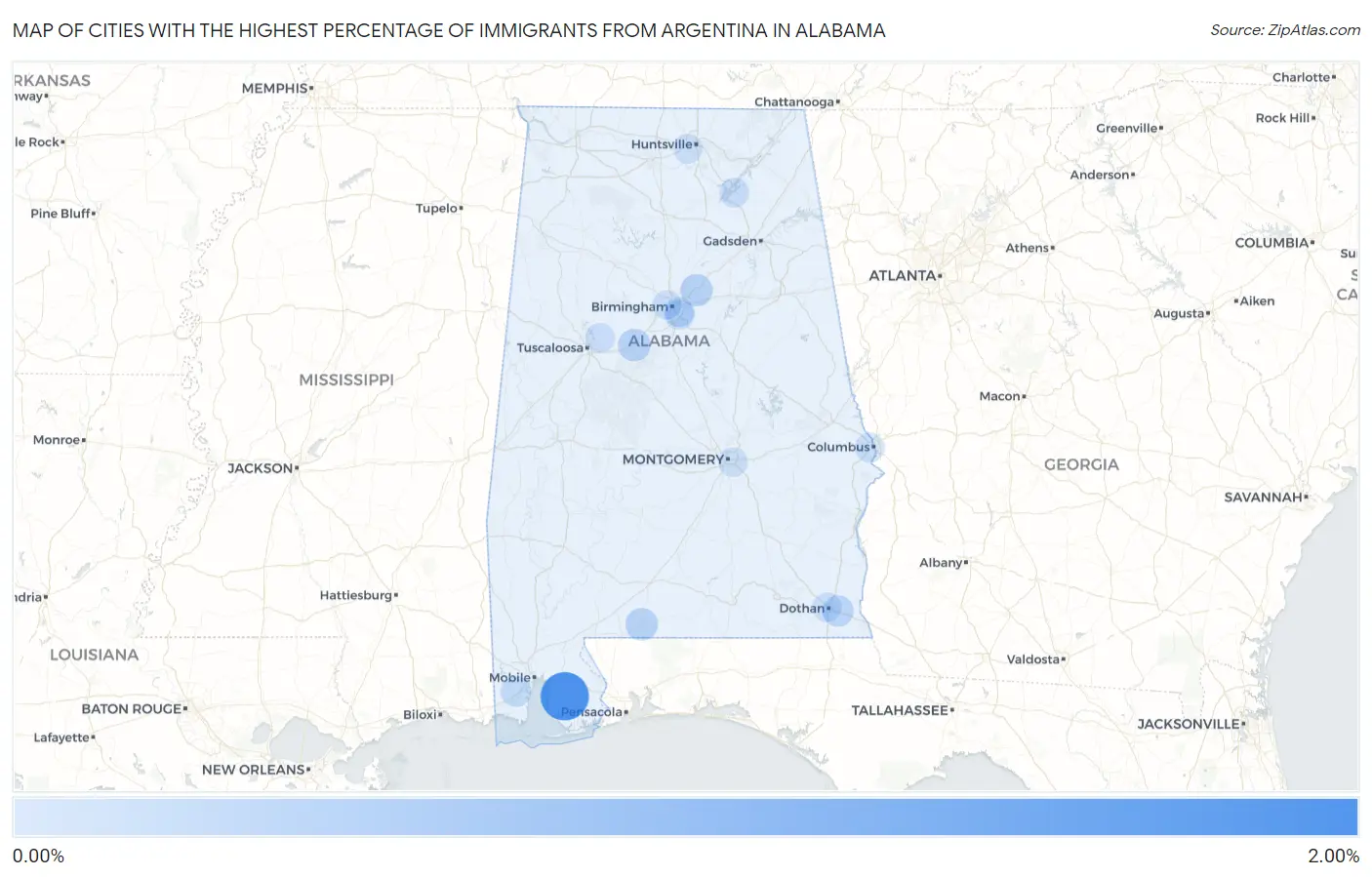 Cities with the Highest Percentage of Immigrants from Argentina in Alabama Map