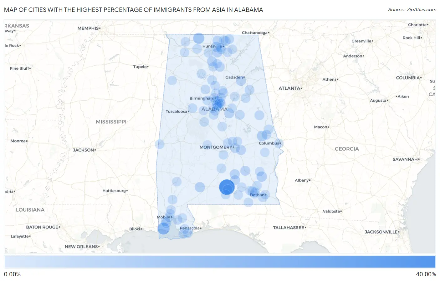 Cities with the Highest Percentage of Immigrants from Asia in Alabama Map