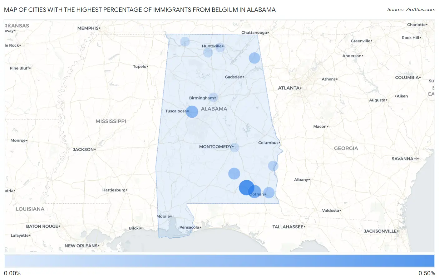 Cities with the Highest Percentage of Immigrants from Belgium in Alabama Map