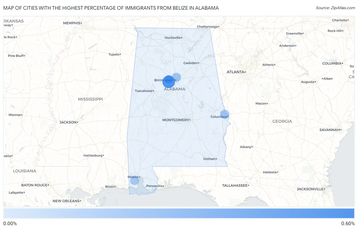 Cities with the Highest Percentage of Immigrants from Belize in Alabama Map