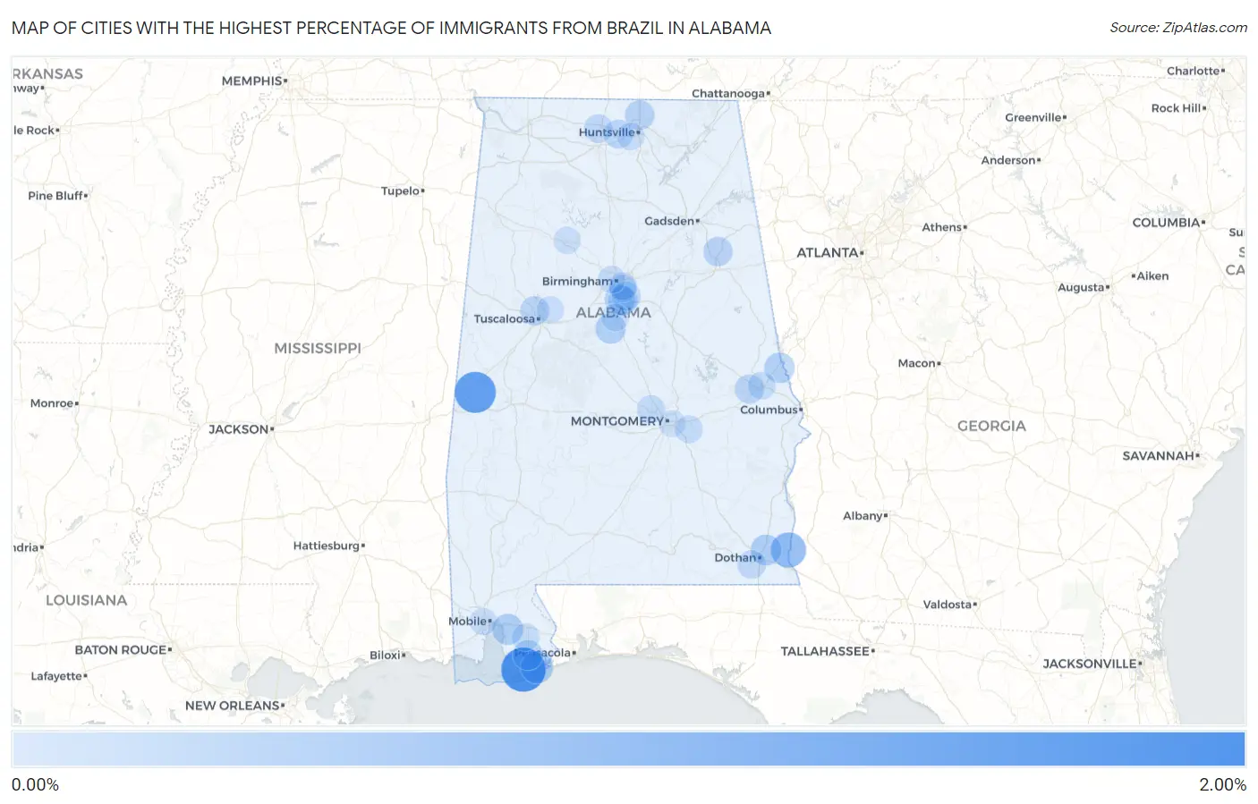 Cities with the Highest Percentage of Immigrants from Brazil in Alabama Map