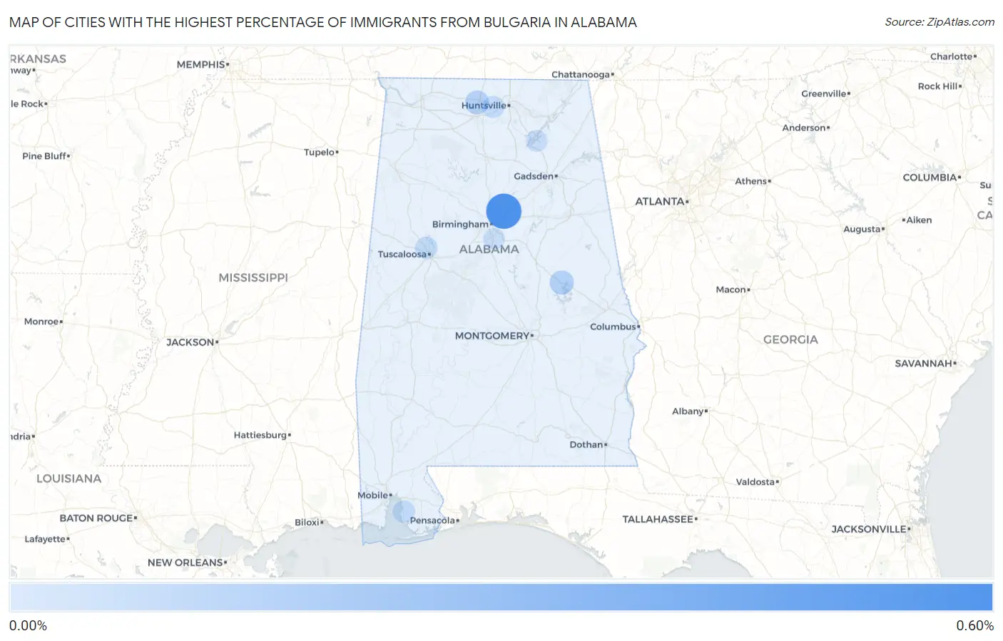 Cities with the Highest Percentage of Immigrants from Bulgaria in Alabama Map