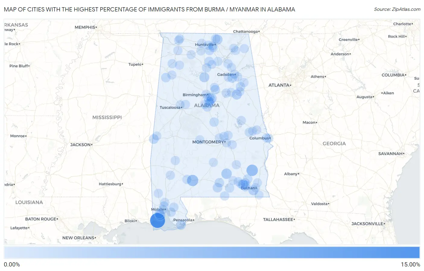 Cities with the Highest Percentage of Immigrants from Burma / Myanmar in Alabama Map