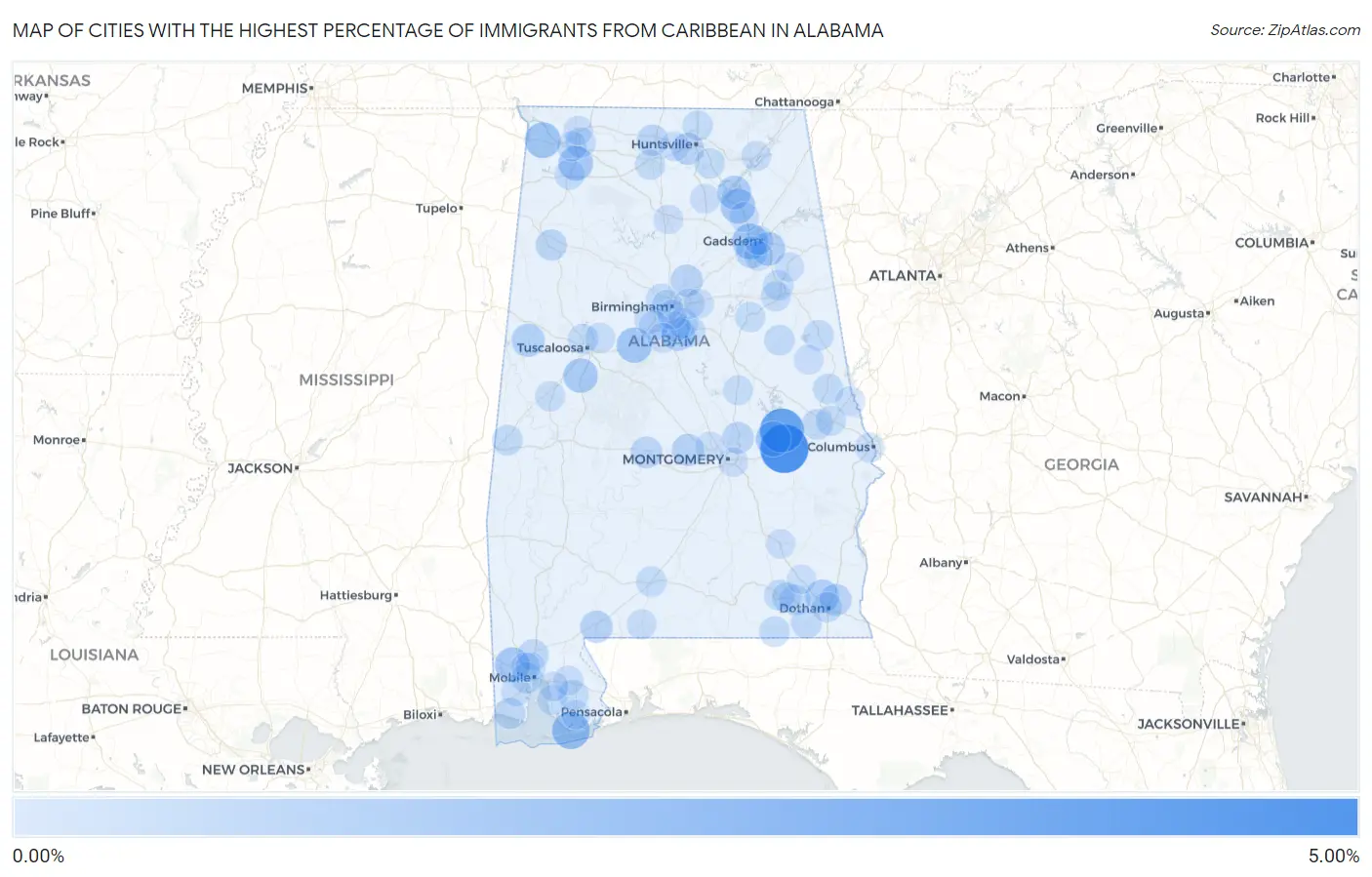 Cities with the Highest Percentage of Immigrants from Caribbean in Alabama Map